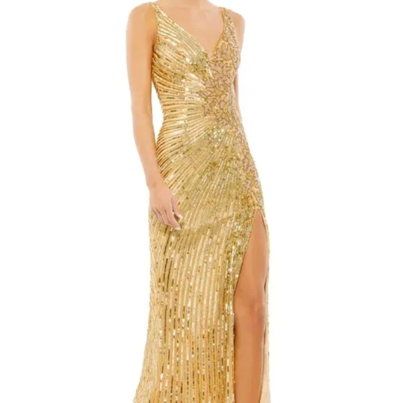 Mac Duggal | Dresses | Mac Duggal Sequin Gold Column Thigh Slit Gown Sz 6 |  Poshmark